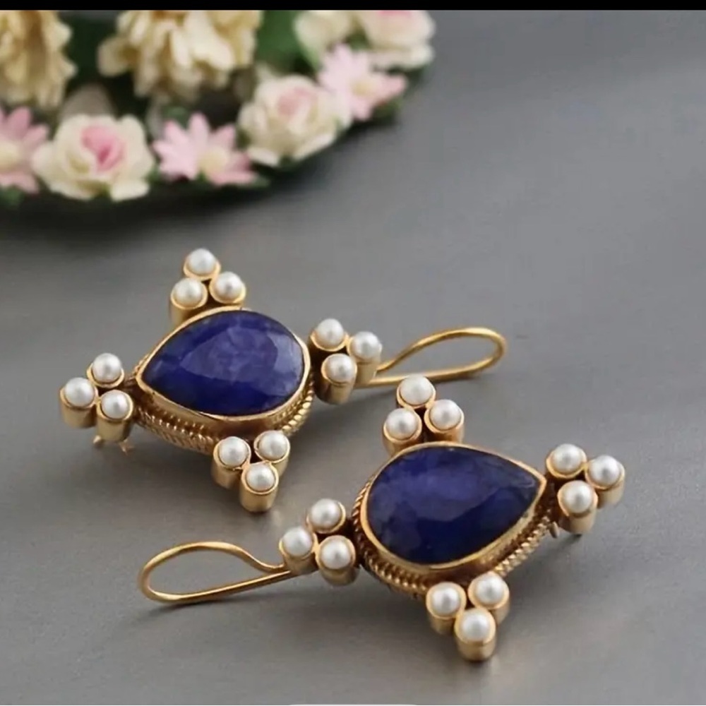 Art Deco, Gold and Blue, Pearl Drop Victorian, Edwardian Earrings